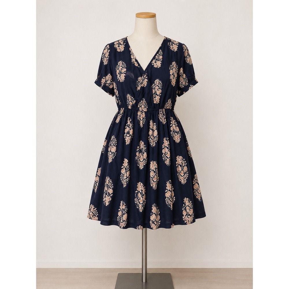 Nino‎ Balcutti Dress Womens 20 Navy Blue Floral Block Print V-Neck Fit Flare NWT